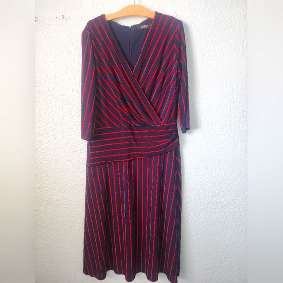 Ralph Lauren Red and Blue Ruched Faux Wrap Dress V-Neck - Picture 1 of 11